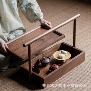 Caja de almacenamiento de madera maciza de nogal negro, rectangular, estilo chino, portátil, para sala de té, caja de repostería para frutas secas y pasteles - Product Image 1