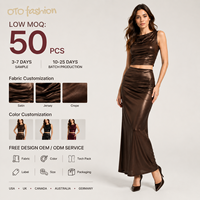 Ensemble deux pièces pour femmes, effet métallisé brillant, haut court sans manches, jupe longue sirène plissée, tenue de soirée assortie