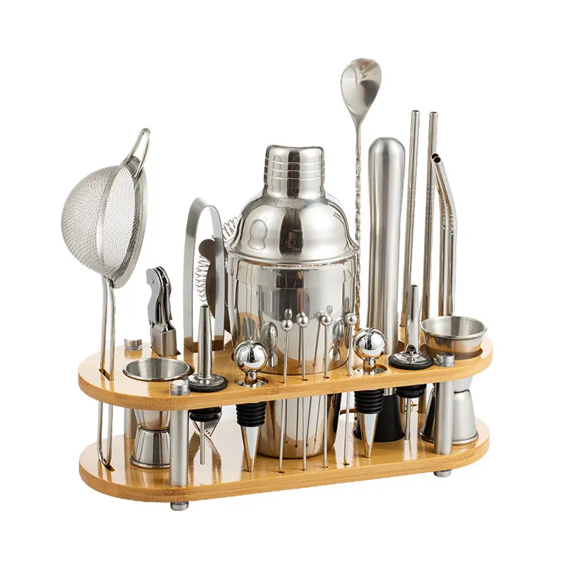 Factory Outlet Cocktail Shaker Set 750ml Outil de barman de bar enduit avec support en bois élégant