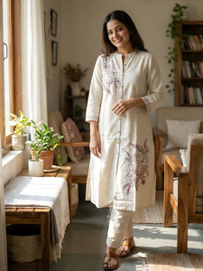 Ensemble Kurta et pantalon pour femme, brodé de fleurs, sans plis, séchage rapide, élégant, en coton ethnique, avec dupatta, tenue décontractée - Product Image 2