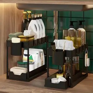 Under Sink Organizer Pull Out 2 Tier Bathroom Cabinet Organizer With Hooks Hanging Cup Multi-Purpose Storage Shelf For Kitchen