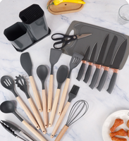Ensemble de couteaux de cuisine en silicone 19 pièces OEM/ODM avec manche en bois, planche à découper et bac de rangement spécial incluant spatules et ustensiles
