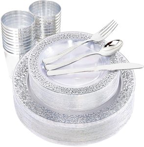150 Piece White Dinnerware Set Luxury Lace Disposable Plastic Wedding Plates