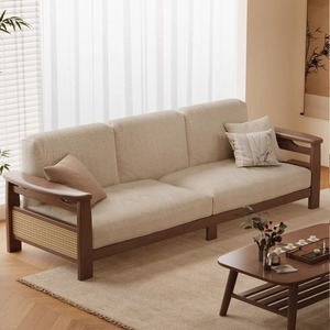 โซฟาไม้เนื้อแข็งสามที่นั่ง แถวตรง ห้องนั่งเล่น สไตล์จีน หุ้มผ้าหวาย - Product Image 1