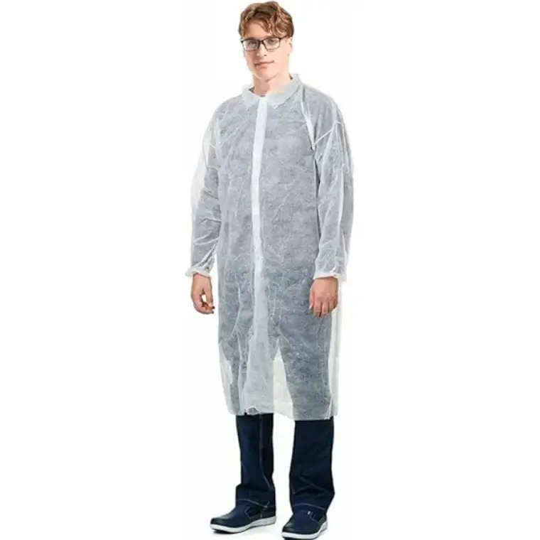 डिस्पोजेबल पीपी एसएमएस लैबकोट बिना पॉकेट वाला सफेद लैब कोट स्नैप के साथ पीपीई कोट पेंटिंग लैब कोट निट कफ