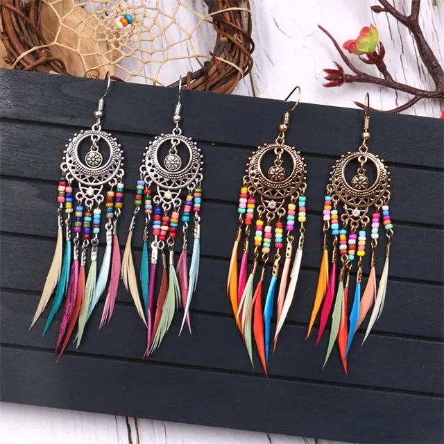 Vintage Ethnic Antique Bronze Colorful Boho Long Feather Tassel Dangle Drop Earrings for Women