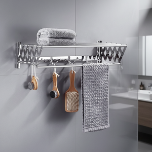 Porte-serviettes mural pliable moderne en acier inoxydable avec crochets et étagère à double niveau pour salle de bain, séchoir extensible de 60 cm - Product Image 4