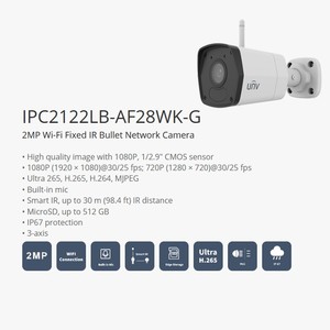 กล้องเครือข่ายระบบ WiFi <span class=keywords><strong>2MP</strong></span> สีเดิม UNV ที่ใช้ระบบเครือข่ายแบบคงที่สองระดับ IP67มีสัญญาณเตือนการมองเห็นในที่มืดกลางแจ้ง PC2122LB-AF28WK-G POE Ai - Product Image 2