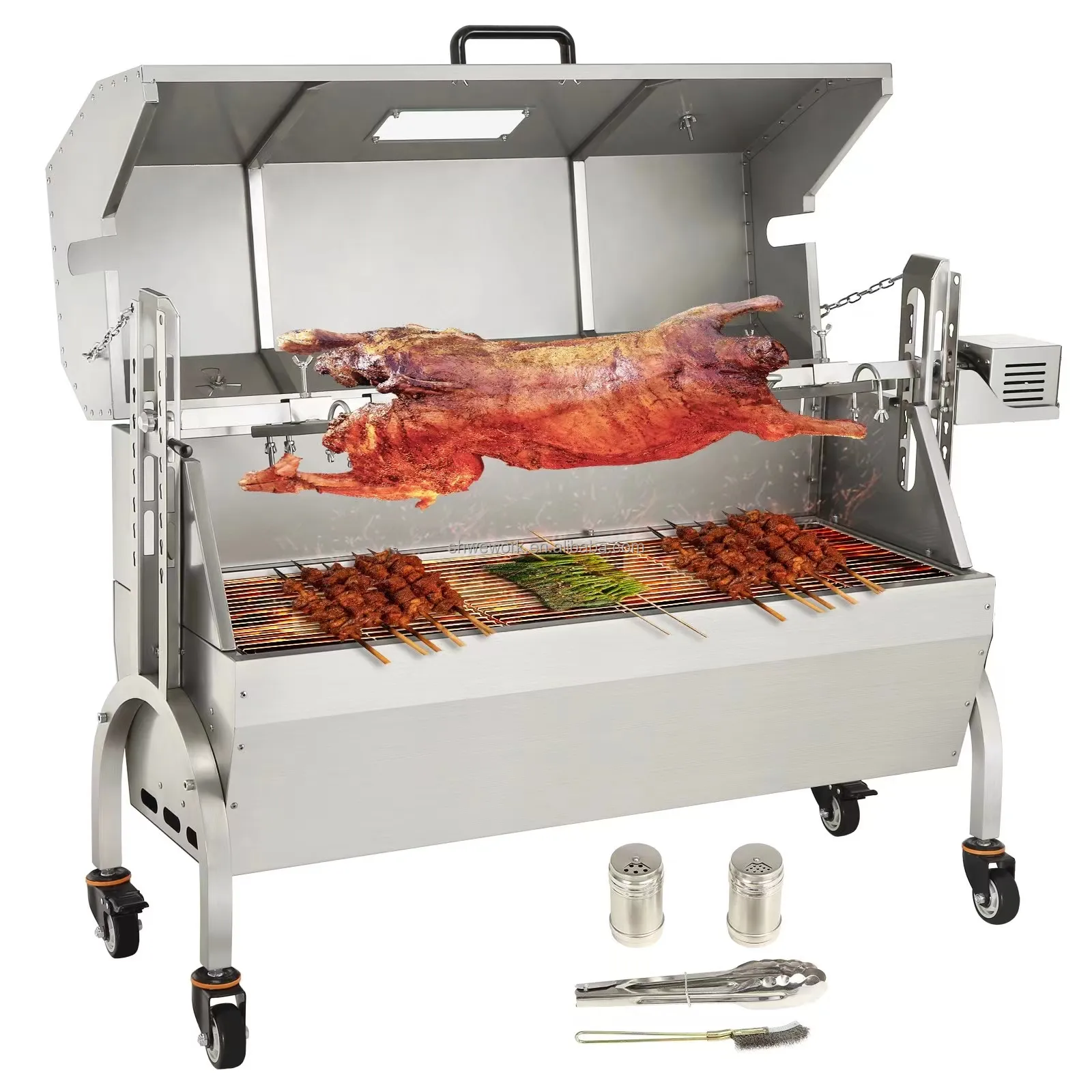 WeWork भारी शुल्क आउटडोर भुनने थूक Rotisserie BBQ ग्रिल सुअर भेड़ चिकन भुनने 50W 132LBS लकड़ी का कोयला बारबेक्यू Rotisserie