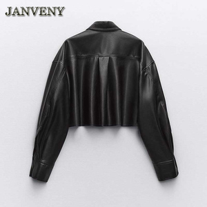 JANVENY 2024 primavera autunno <span class=keywords><strong>camicia</strong></span> ampia <span class=keywords><strong>giacca</strong></span> di pelle donna manica lunga tasca anteriore Versatile camicetta corta in <span class=keywords><strong>ecopelle</strong></span> cappotto - Product Image 5