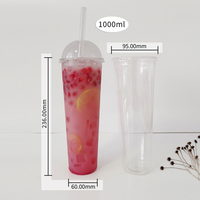 Gobelets en plastique PET transparents personnalisés, jetables et réutilisables, 1000 ml, pour Bubble Tea, Milk Tea, Soda et Café Glacé, avec bouchon à vis en aluminium