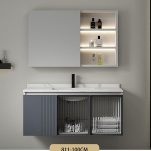 Meuble-lavabo gris CR avec armoire miroir LED, unité de rangement en bois massif pour maison et hôtel - Product Image 2