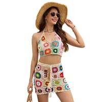 Ensemble de robe de plage en acrylique épais et solide, style vacances, avec dentelle crochetée ajourée et jupe courte à nouer