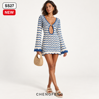 Robe en tricot pour femme, blanche et bleu roi, à rayures chevron, en crochet, manches longues cloche, mini-robe à découpe en forme d'anneau, Fabricant