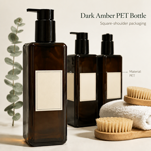 Flacon de lotion en plastique PET ambre foncé avec pompe noire, contenant carré à épaulement pour soins personnels - Product Image 1