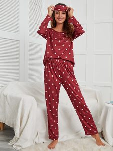 Pijama Feminino KISS ME ANGEL com Estampa de Poá, Gola Redonda, Manga Longa, Conjunto Confortável de Duas Peças para Uso em Casa - Product Image 3