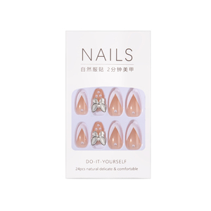 24 Pezzi Unghie Finte Lunghe a Stiletto/Coffin, Nude French, con Strass a Farfalla in Cristallo, Riutilizzabili in ABS - Product Image 4