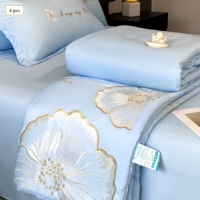 Parure de lit 4 pièces en microfibre tissée respirante et douce à motif floral tulipe avec taies d'oreiller pour hôtels et usage domestique (vente en gros)