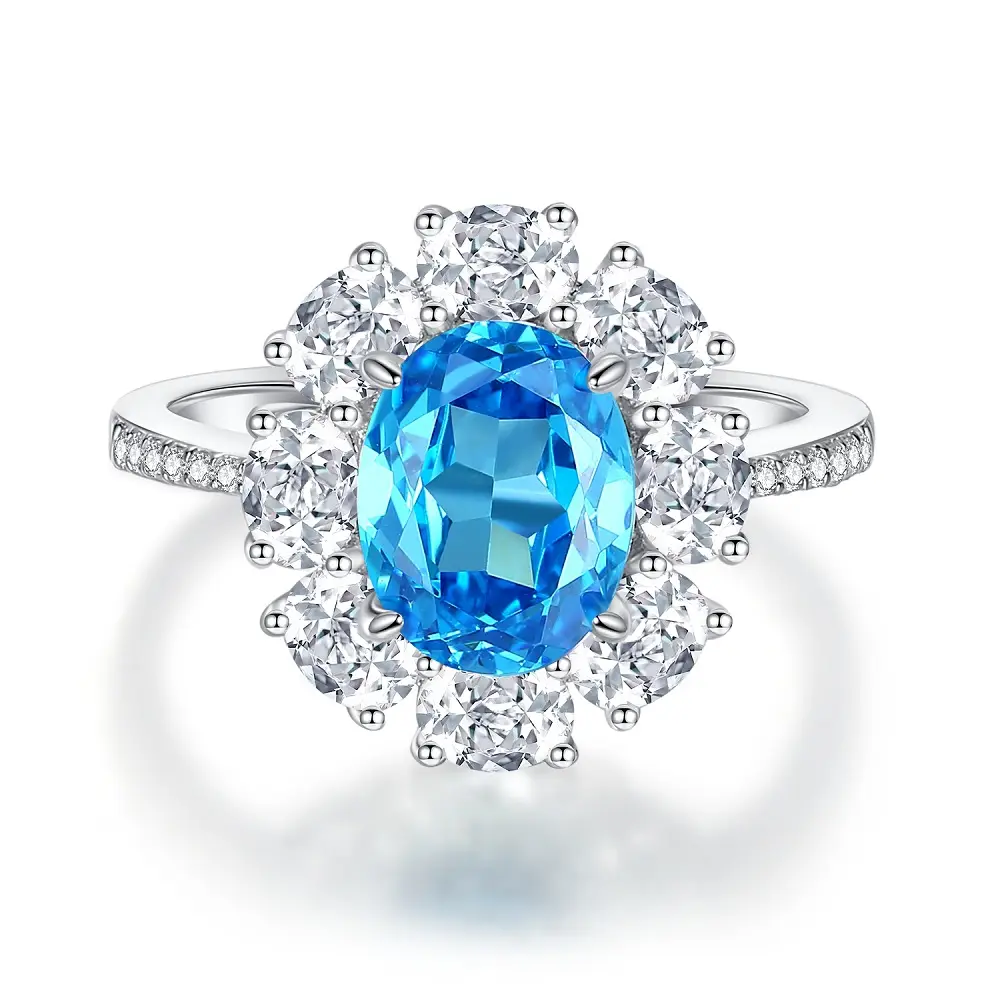 High quality natural cut platinum plated rings high carbon 925 sterling silver rings Oval blue zircon engagement ring