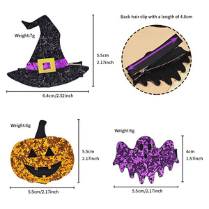 Pinza para el pelo infantil de Halloween, hecha a mano, con diseño de calabaza, murciélago y sombrero mágico, con cinta de tela y purpurina, divertida, para flequillo y lateral, todo en uno - Product Image 2