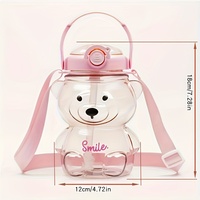 Bouteille d'eau en plastique de 1000 ml avec paille, poignée et corde, motif ours de dessin animé, anti-fuite et réutilisable