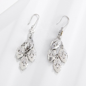 Vintage 18K Gold Metal Leaf CZ Zircon Diamond Dangle Earrings for Women <strong>Huggie</strong> Style with Hook Shape Exaggerated Dangle Design - Product Image 2