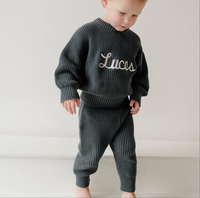 Kinder Extra Dickes Strickset 2-teilig Gerippte Verdickte Strickpullover und Hosen Unisex Übergroßes Strick-Top-Set für den Winter