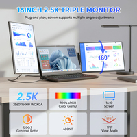 Moniteur pliable triple écran 16 pouces 2560x1600 2.5K IPS, extension d'écran pour ordinateur portable, Plug & Play, Type-C, 100% SRGB, haut-parleur pour ordinateur portable