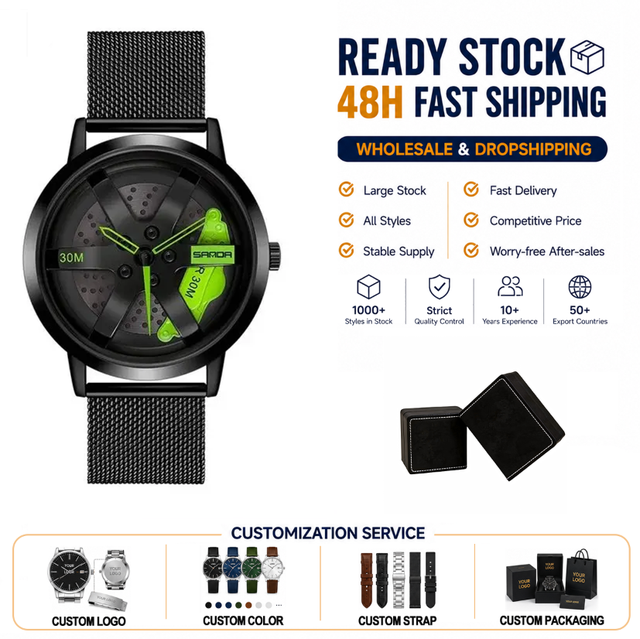 Sanda 1075 logo 3D Hollow Turning Car Wheel Shape Watch 30ATM Waterproof Japan Quartz Cool Boys Watches