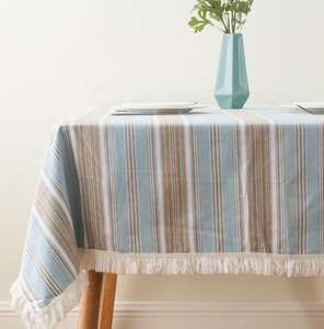 Beautiful <strong>Stripes</strong> Blue <strong>White</strong> with Tassels Fabric <strong>Table</strong> Decor Rustic Cotton Washable Printed Tablecloth for Wedding Party - Product Image 2
