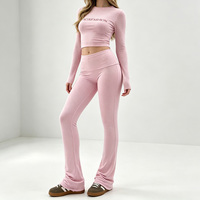 Ensemble de vêtements de sport pour femmes en 2 pièces, t-shirt à manches longues court, pantalon évasé, leggings, tenue de yoga, survêtement, logo personnalisé OEM ODM, faible MOQ