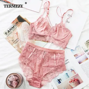 TERMEZY Set Bra Push Up Wanita, Setelan Lingerie Bra Push Up Renda, Celana Dalam Pinggang Tinggi Seksi untuk Wanita