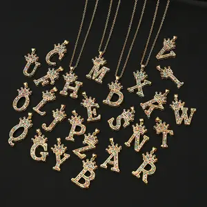 High quality CZ crystal Crown Wholesale Manufacture Supplier Gold 26 Capital Alphabets Pendant Necklace Initial Letter Pendants