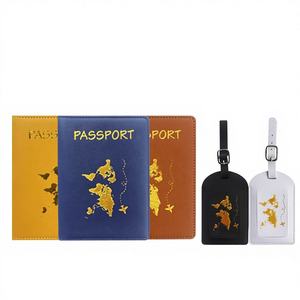 Set de Etiquetas de Equipaje y Porta Tarjetas de Embarque de Cuero PU con Mapa Estampado en Bronce, Transpirable, con Logotipo Fijo, para Viajes Internacionales - Product Image 1