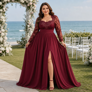 Abito da sera formale in chiffon taglie forti <span class=keywords><strong>con</strong></span> scollo a cuore, maniche lunghe in pizzo effetto illusione, applicazioni floreali in pizzo, vita arricciata e <span class=keywords><strong>spacco</strong></span> frontale - Product Image 6