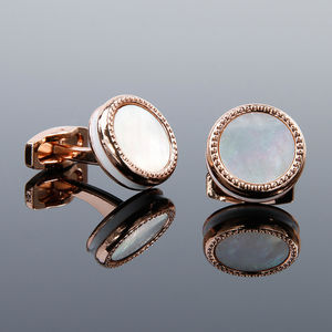 Mancuernillas Vintage, Mancuernillas para Hombre Más Vendidas, Botones Redondos de Latón con Incrustaciones de Concha y Oro Rosa de Lujo - Product Image 1