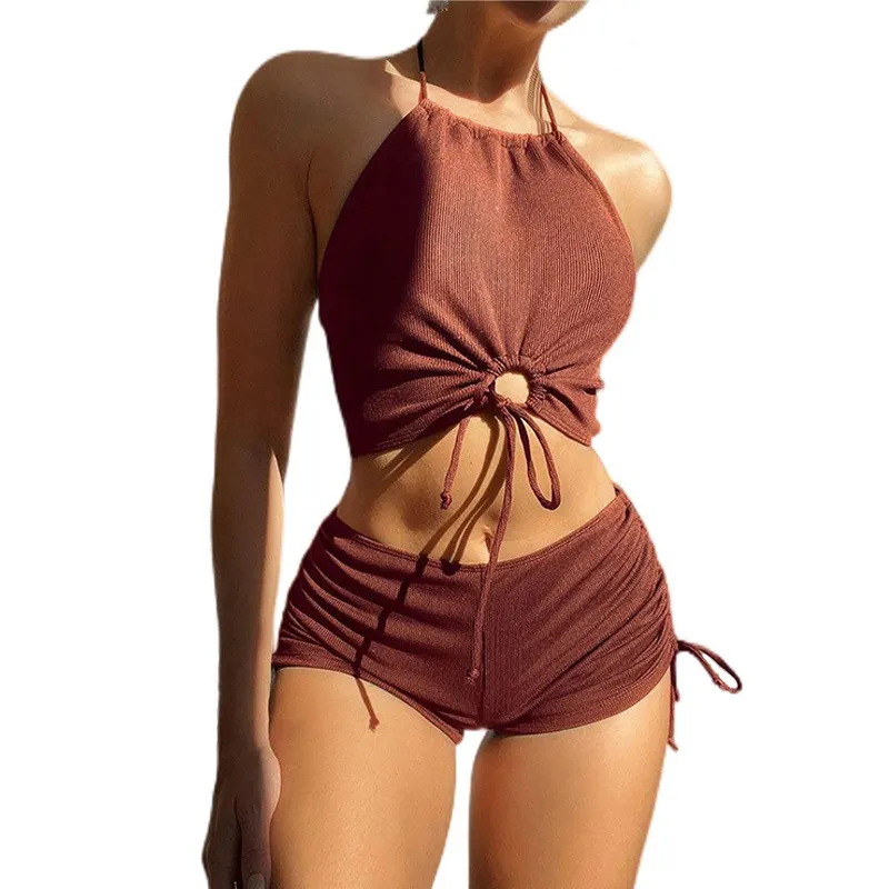 Toptan Polyester Halter mayo yaz 2023 plaj Tankini kadınlar sportif Bikini seti mayo Beachwear