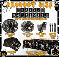 Fournitures pour Fête d'Halloween : Assiettes en papier, Gobelets, Serviettes, Nappe, Fourchettes, Couteaux, Bannières, Motifs Chauve-souris, Fantôme, Jack-o'-lantern, Crâne, Squelette