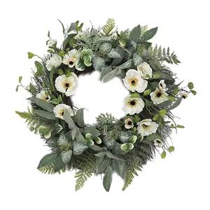 Guirlanda de eucalipto artificial com flores de peônia, decoração de parede para casamento, porta da frente, decoração de natal, 24" verão primavera