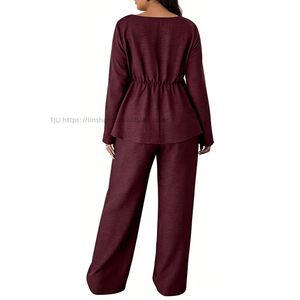 Women's Plus Size Peplum Top & Wide Leg Pants <b>Set</b> <b>Square</b> Neck Long Sleeve 2 Piece Loungewear Fashion - Product Image 4
