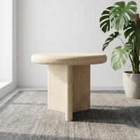 Table basse ronde moderne en travertin beige, table d'appoint en pierre naturelle avec base croisée pour la décoration du salon