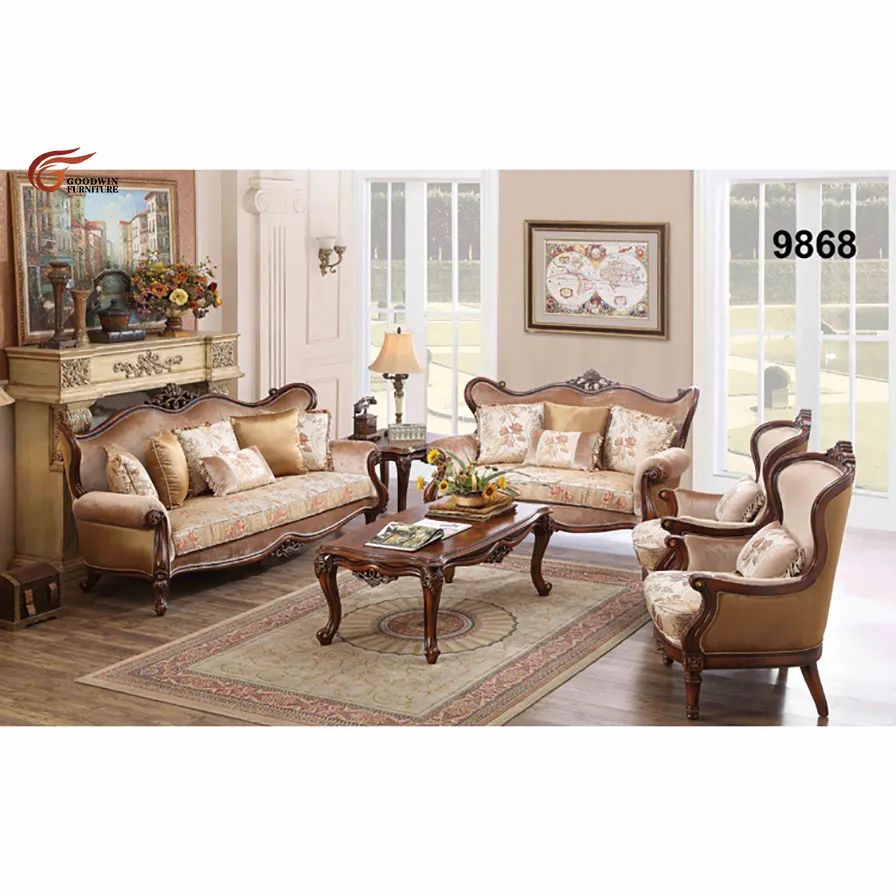 France American living room sofa set wooden funiture 7 seater classic sofa set single sofa chair 9868