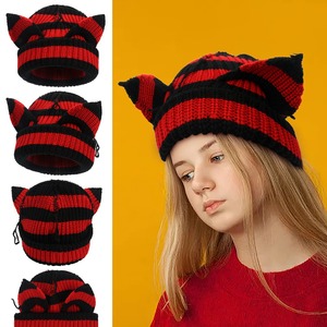 Beanie Little Devil Striped Knitted Hat Mujer Otoño Invierno Cálido Knit Cute Cat Ears Cap Crochet Ski Outdoor Ear Cover Beanies - Product Image 3