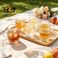 Lot de 6 tasses à café en verre transparent côtelé avec poignées, tasses à rayures verticales en relief pour thé, lait, latte et vaisselle de table pour la maison ou le café