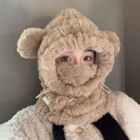 FF6317 Bonnet d'hiver 3-en-1 avec oreilles d'ours, chaud, coupe-vent, en fourrure, doux et moelleux, avec écharpe intégrée pour femmes et filles, mignon, style cagoule