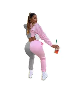 King Young hot sale design anti-pill cutie Two Toned colorblock Fleece matching cropped hoody top and joggers active wear Set