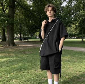 Conjunto de Dos Piezas para <span class=keywords><strong>Hombre</strong></span>, Estilo Americano, Verano 2026, Informal, Deportivo, Holgado, con Cierre, Camiseta de Manga Corta y Pantalones Cortos con Capucha - Product Image 2