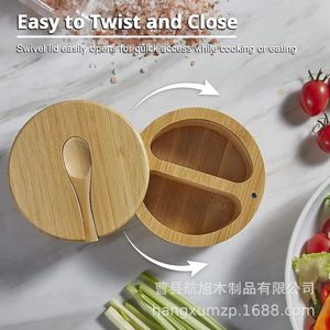 Bamboo Spice <b>Jar</b> With Lid And Spoon 3.9inch Diameter 2.95inch Height Multi Compartment <b>Storage</b> Container <b>For</b> <b>Kitchen</b> Use - Product Image 5