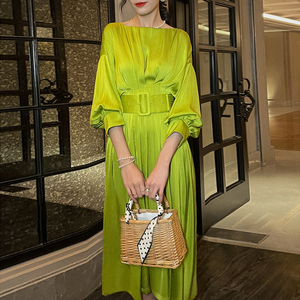 Diseño personalizado <span class=keywords><strong>verde</strong></span> elegante <span class=keywords><strong>linterna</strong></span> manga encaje plisado Midi vestidos para las mujeres - Product Image 1