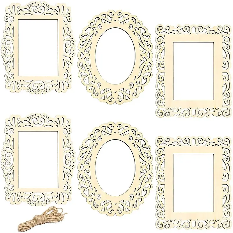 DIY wood unfinished hollowed-out rope photo frame for arts and crafts